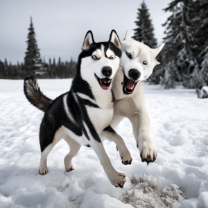 2 huskies playing hard